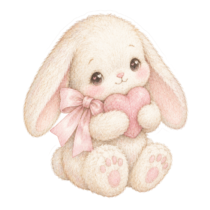 A little plush bunny holding a pink heart